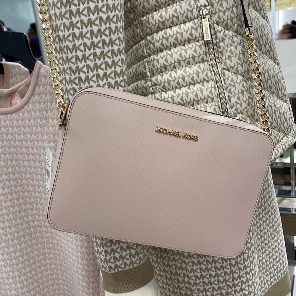 Michael Kors Jet Set Item Large East West Zip Crossbody Leather Powder Blush - Picture 14 of 16